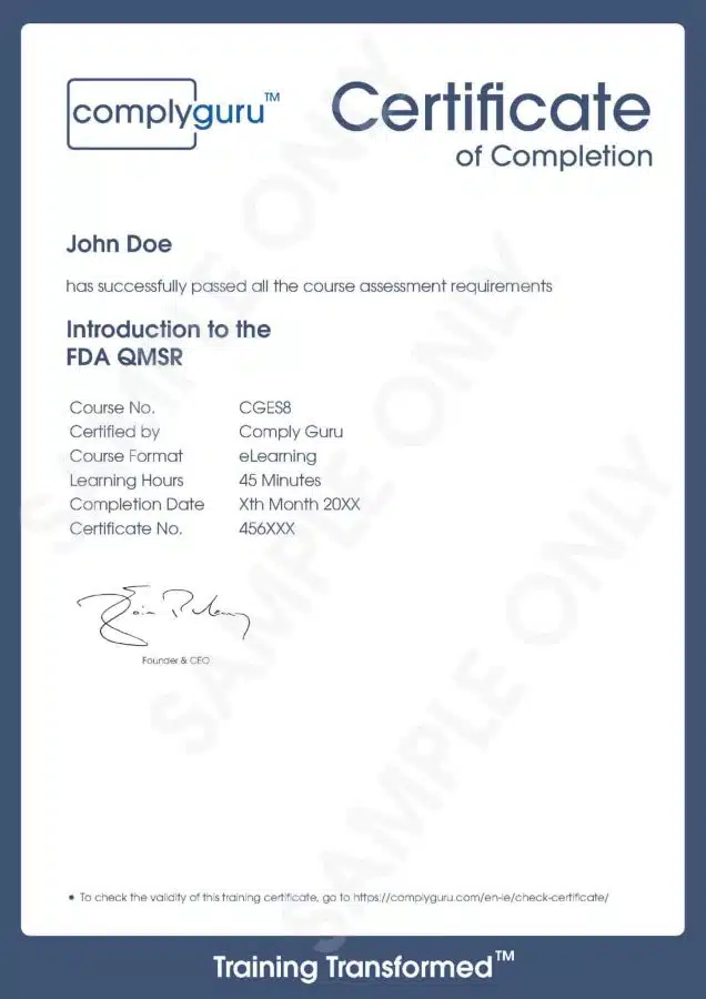Sample Certificate of Introduction to FDA QMSR Training