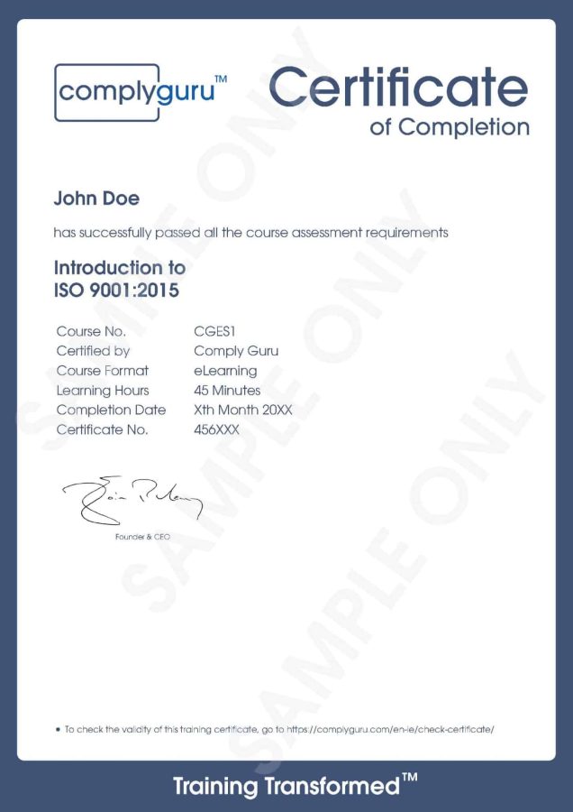 Sample Certificate of Introduction to ISO 9001 Training