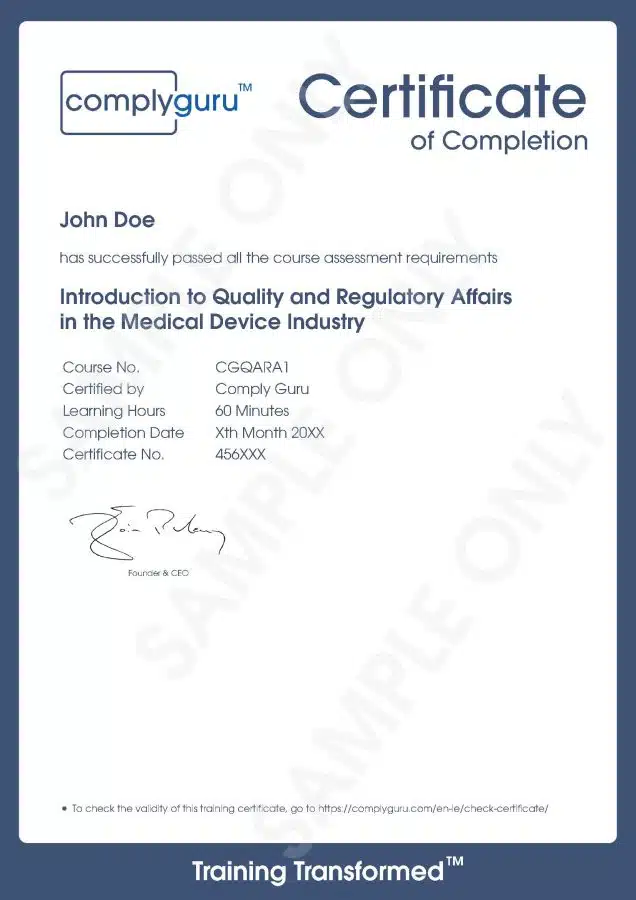 Sample Certificate of Introduction to Quality and Regulatory Affairs in MedTech
