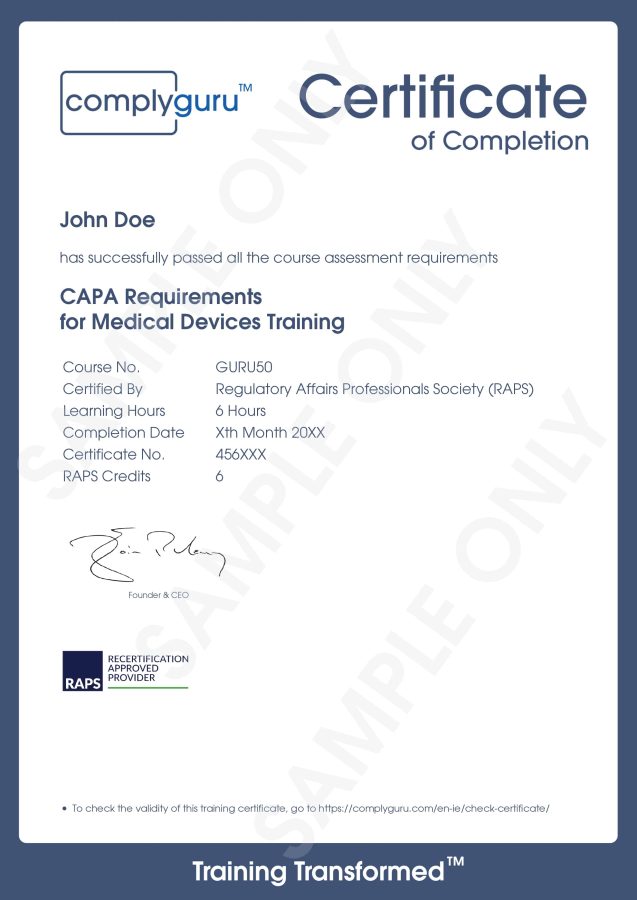 Sample Certificate of CAPA Requirements in Medical Devices Training