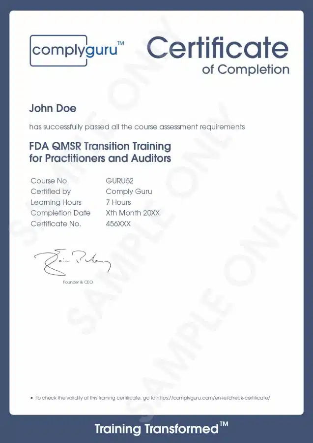 Sample Certificate of FDA QMSR Transition Training for Practitioners and Auditors