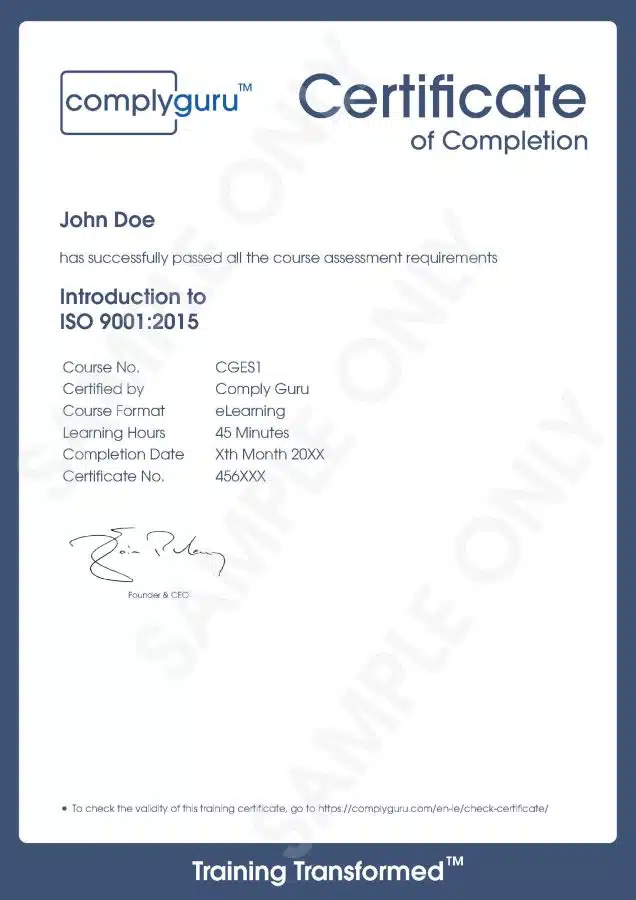 Sample Certificate of Introduction to ISO 9001 Training