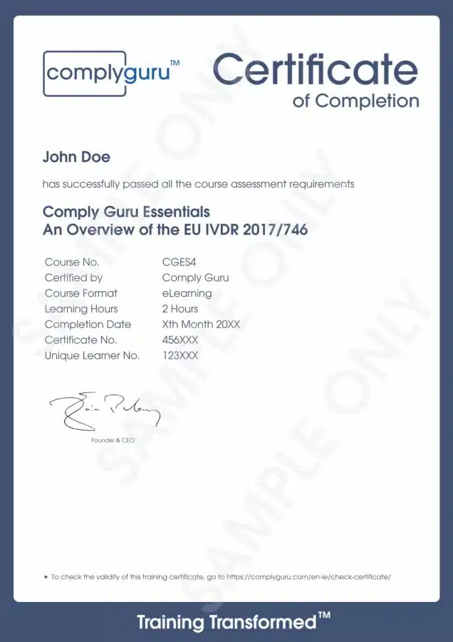Sample Certificate of EU IVDR 2017/746 Essentials Training Sample Certificate of EU IVDR 2017/746 Essentials Training