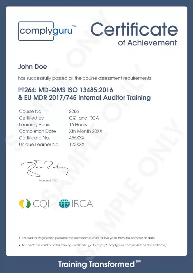 Sample Certificate of ISO 13485 + EU MDR Internal Auditor Training