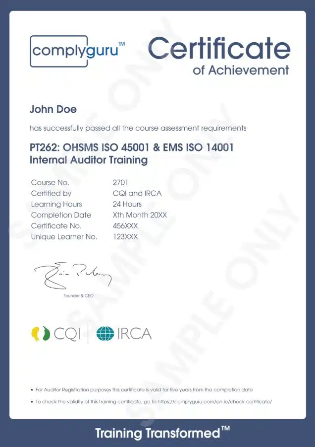 Sample Certificate of ISO 14001 and ISO 45001 Internal Auditor Training for Environmental, Health and Safety Management Systems (EHS)