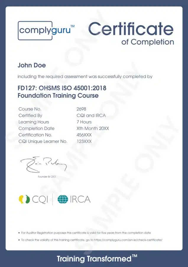 Sample Certificate of ISO 45001 Requirements for Practitioners and Auditors