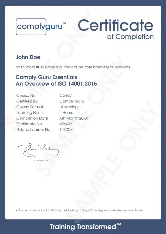 Sample Certificate of ISO 14001 Essentials Training