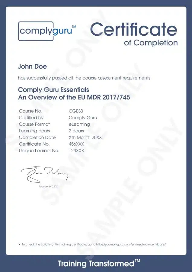 Sample Certificate of EU MDR 2017/745 Essentials Training