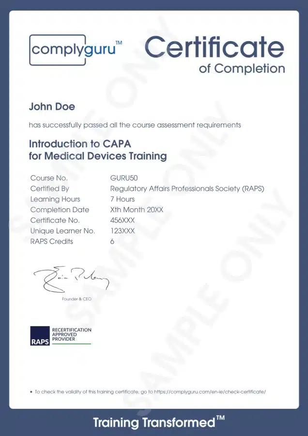 Sample Certificate of Introduction to CAPA in Medical Devices Training