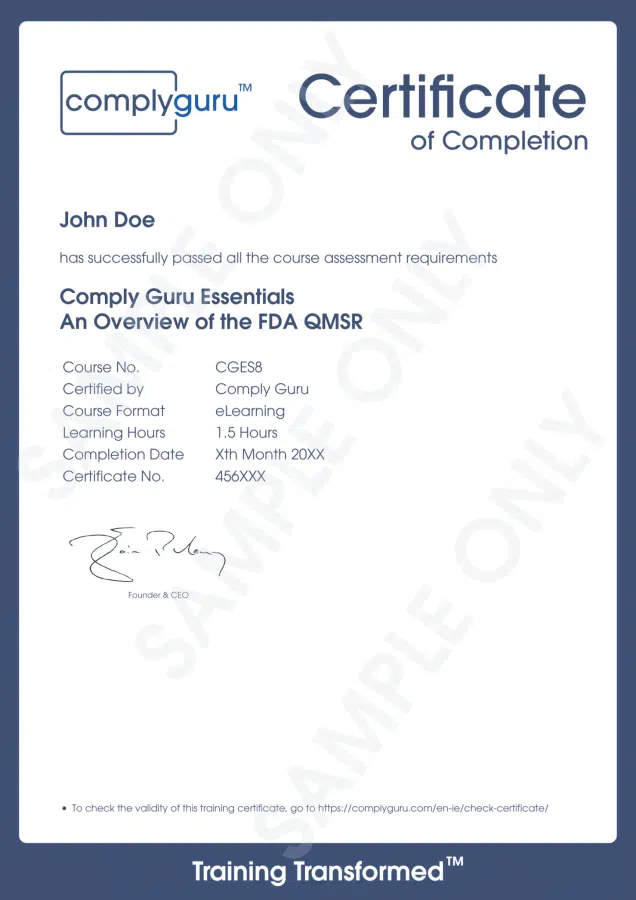 Sample Certificate of FDA QMSR Essentials Training