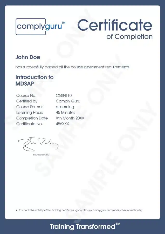 Sample Certificate of Introduction to MDSAP Training